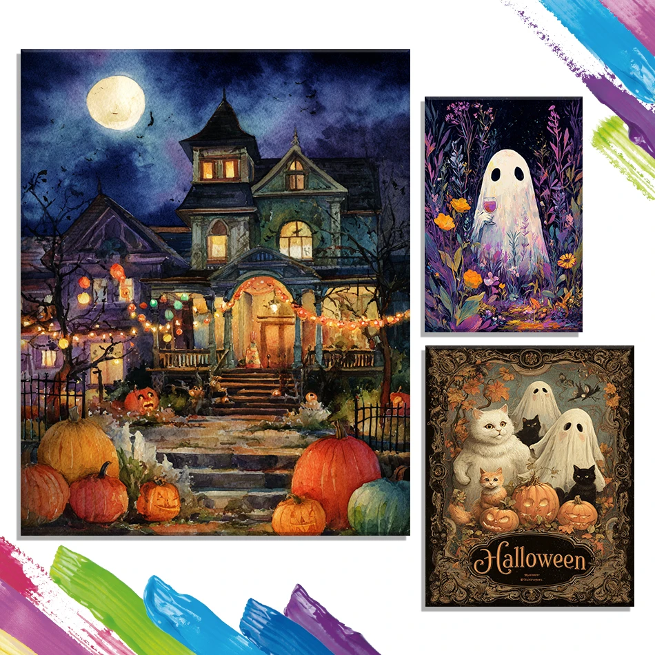 

GATYZTORY Painting By Number Adults New Halloween Ghost Pumpkin Castle Festival Poster Decoration Handmade Digital Oil Painting