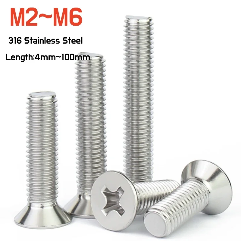 10~100pcs M2 M2.5 M3 M4 M5 M6 316 A4 Stainless Steel Phillips Countersunk Head Screw KM Cross Flat Head Machine Tooth Small Bolt