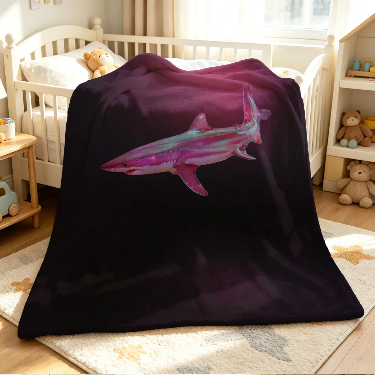 Glitter Shark Flannel Blanket Warm Soft Halloween Christmas Couch Warm Cozy Decorative Decor Gift for All Season