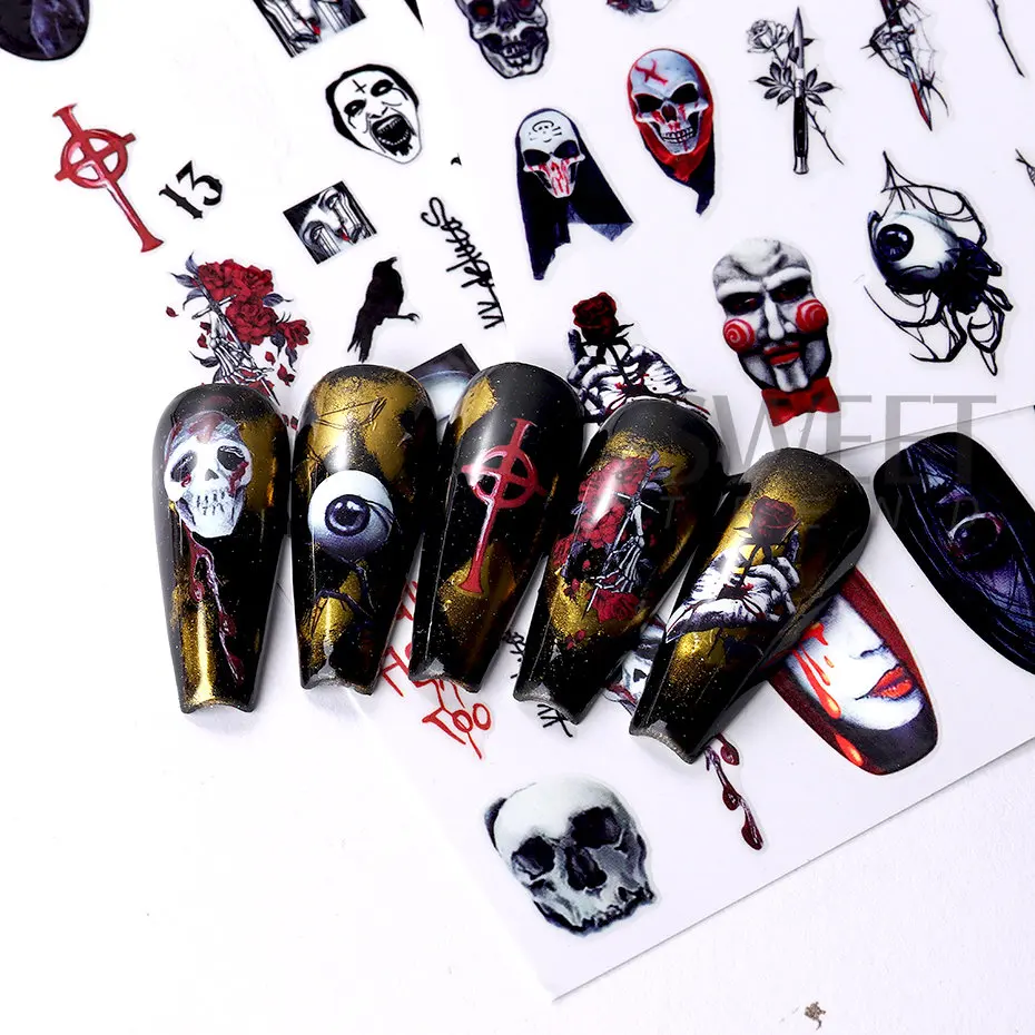 3D Snake Design Nail Stickers Black Evil Eye Tiny Skull Ghost Flower Design Sliders For Halloween Manicure Nail Art Decoration