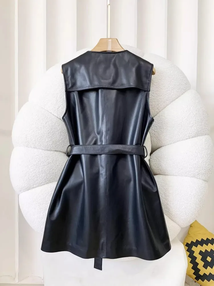 Autumn New Women O Neck Sleeveless Sheepskin Genuine Leather Sundress Belt Waist Loose Fit Tank Dress Punk Style Casual Dresses