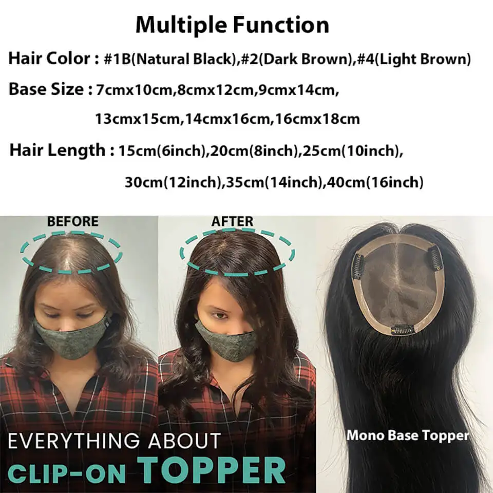 Fine Mono & Pu Base Human Hair Topper With 3 Clips On Straight Human Hair Toppers For Women 100% Remy Human Hair Wigs Hairpieces