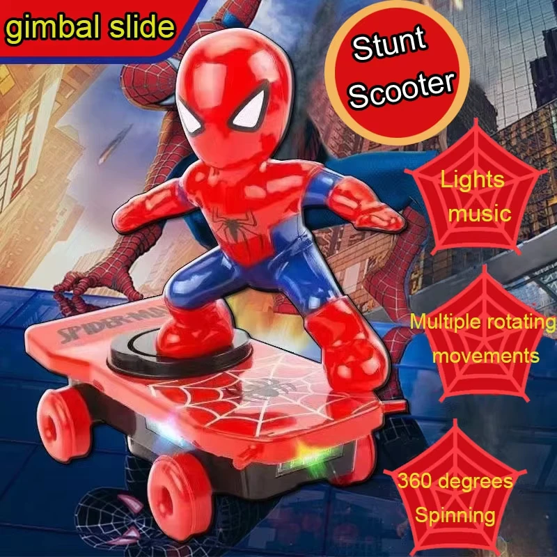 Spiderman Skateboard Rotasi Flip Otomatis Mobil Acousto-optik Mainan Anime Skuter Aksi Musik Listrik Hadiah Ulang Tahun Natal