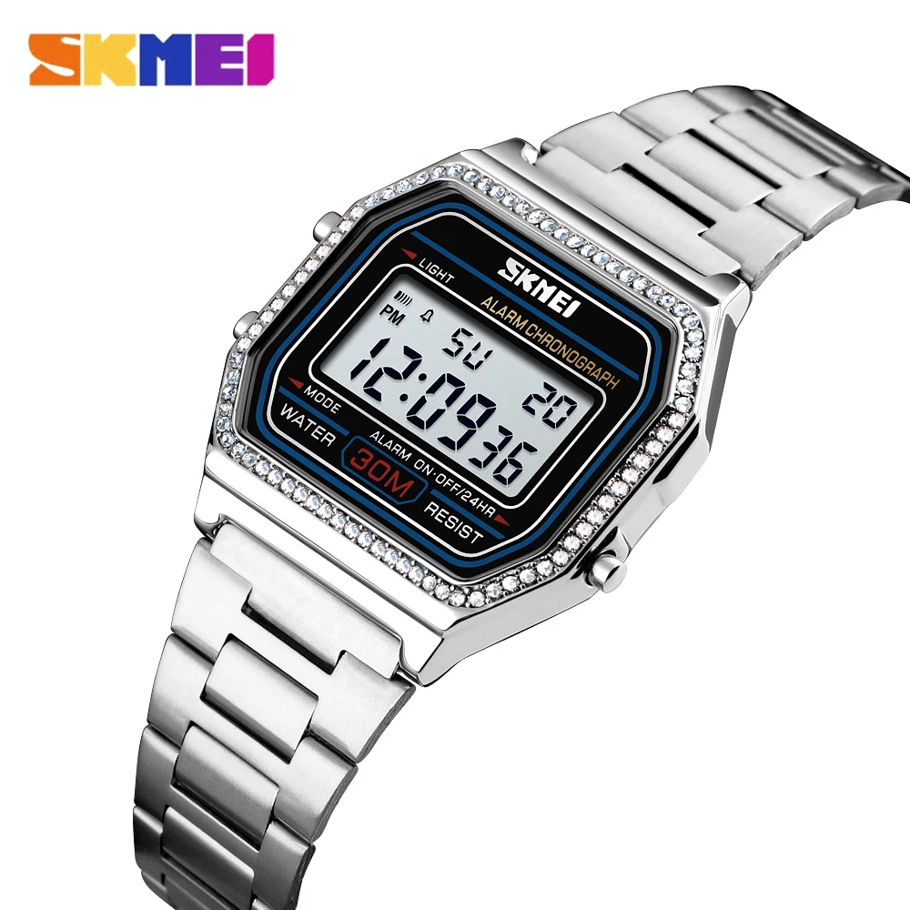 SKMEI Outdoor Sports Student Watches for Women Fashion Rhinestone Dial Retro Square Digit Watch Fashion Steel Waterproof Wristwa