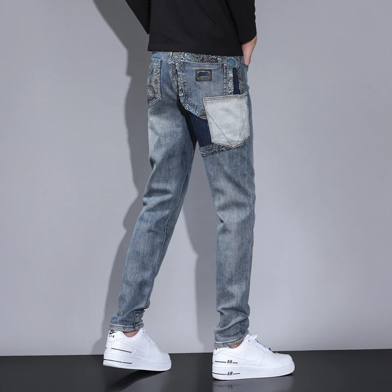 2024High-end men's jeans Slim cut round hole printing splicing stretch men's pants fashion straight jeans pants