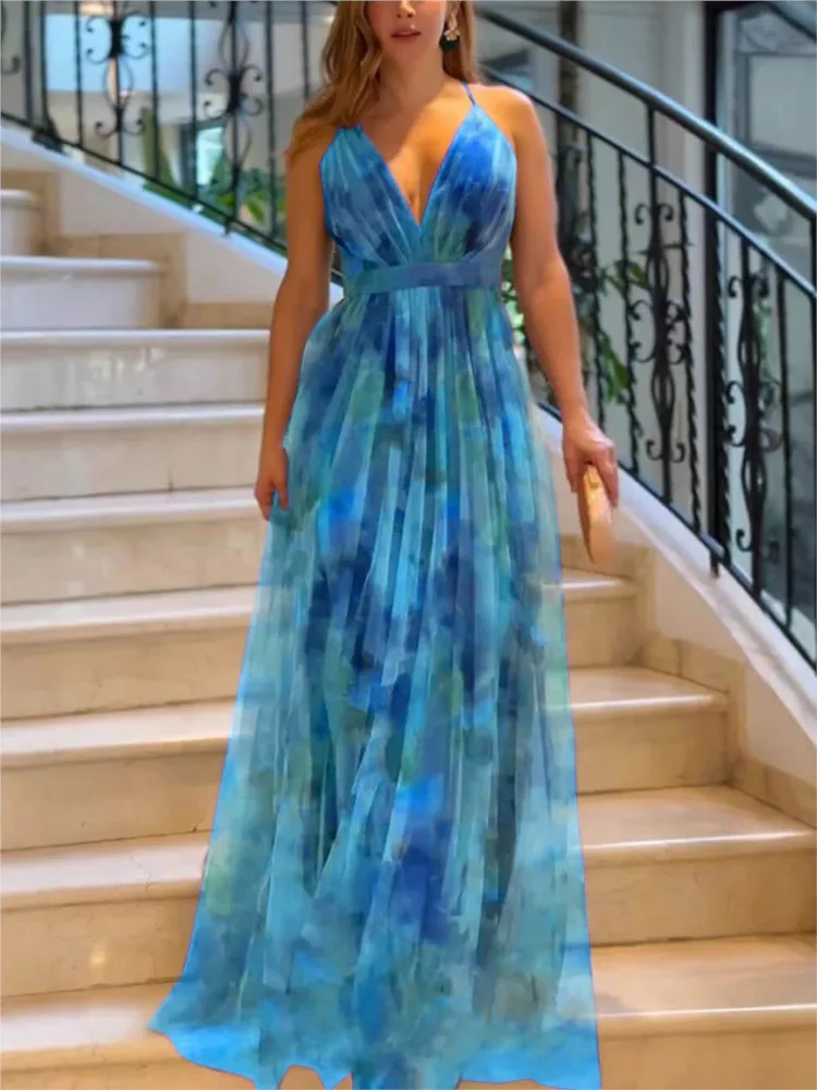 Woman's Elegance Party Prom Long Dress Summer Fashion Print Sexy Deep V-neck Sling Dresses Ladies Foreign Style Big Hem Vestidos