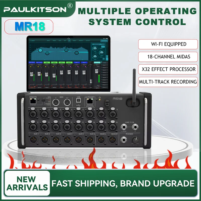 Paulkitson MR18 Ari 1:1 Professional Digital Audio Mixer Wifi USB Multi‑Track Recording Console for DJ Studio Live Stage Karaoke