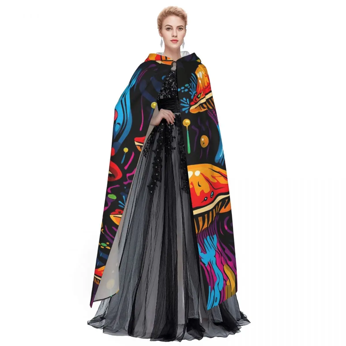Acid Trippy Weird Psychedelic Wavy Mushroom Long Hooded Cloak Witch Medieval Costume Cosplay Cape HalloweenCoat Adult Unisex
