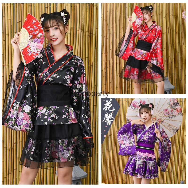 

Японский традиционный костюм-кимоно для женщин, улучшенное кимоно с принтом кавайной сакуры, платье на Хэллоуин, аниме, косплей, костюм для выступлений