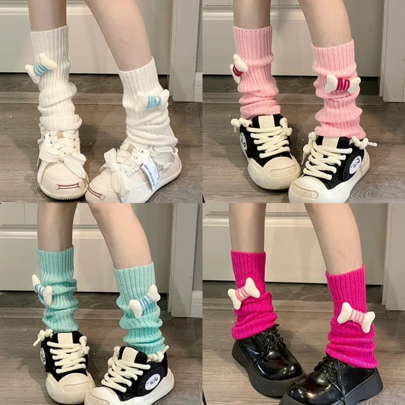 JK Lolita Cute Bone Knitted Leg Warmers Female Kawaii Candy Colored Stacked Socks Y2K Subculture Hot Girls Versatile Leg Covers