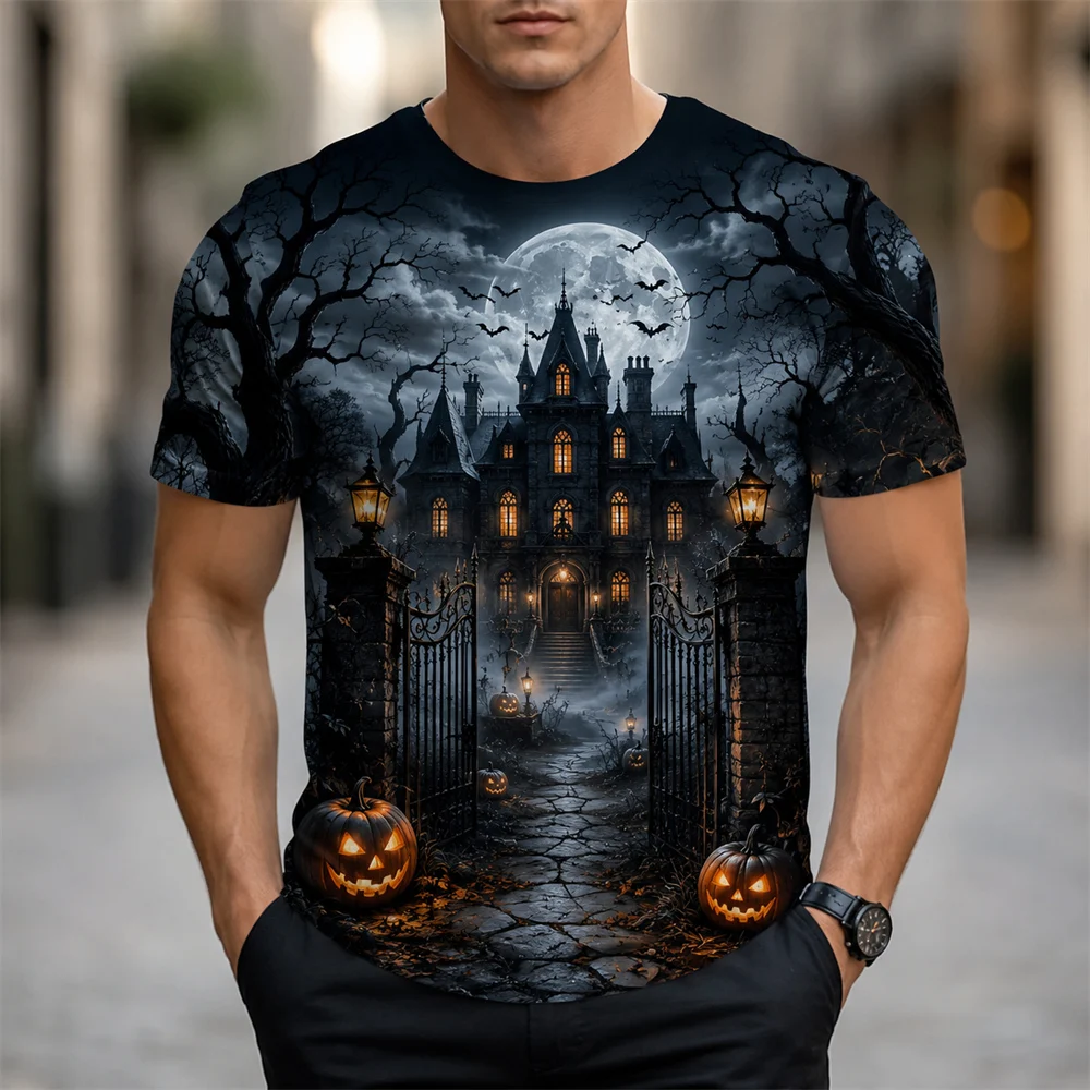 Halloween Horror Black Castle Print Short Sleeve T Shirts For Men Trend Streetwear Personality Holiday Essentials Pumpkin Tshirt