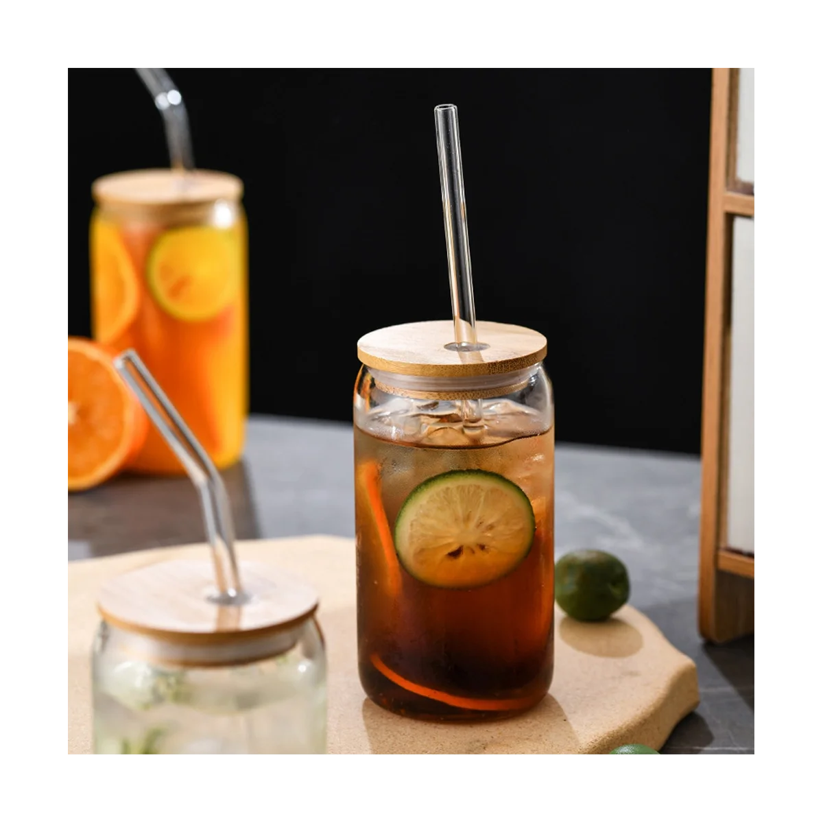 6Pcs Set Drinking Glasses with 6 Bamboo Lids and 6 Glass Straws, 16Oz Can Shaped Glass Cup, Clear Iced Coffee Cup