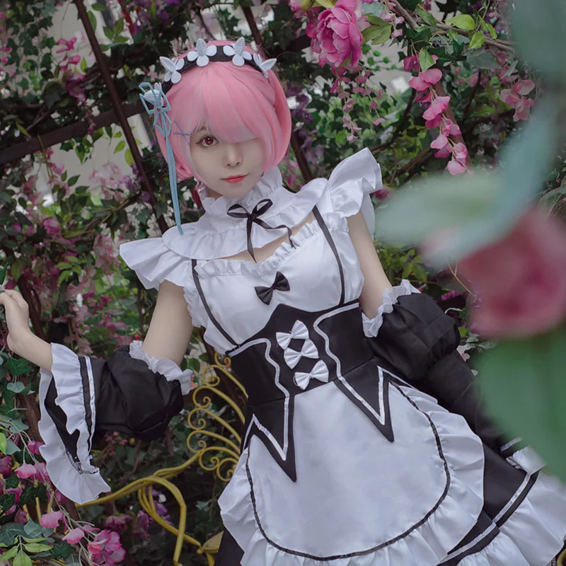 

Plus Size Rem Maid Dress Cosplay Costume from Re:Zero Large Size Ram Sister Maid Uniform with Apron Bow and Sleeves