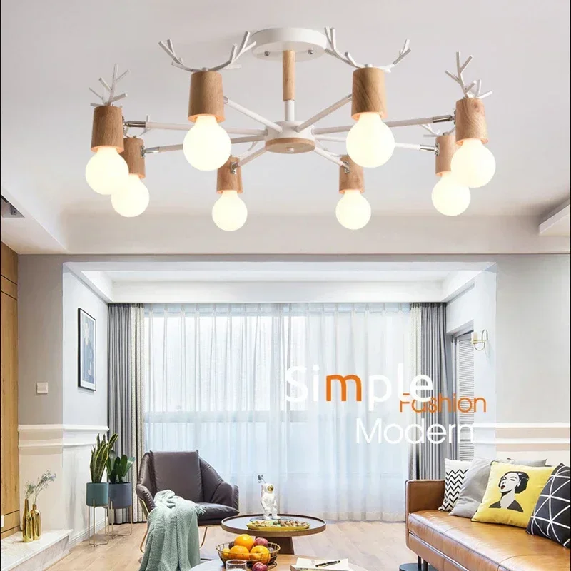 

E27 Nordic modern minimalist multi-head antler chandelier restaurant bedroom study metal /wood lamp shade fixture