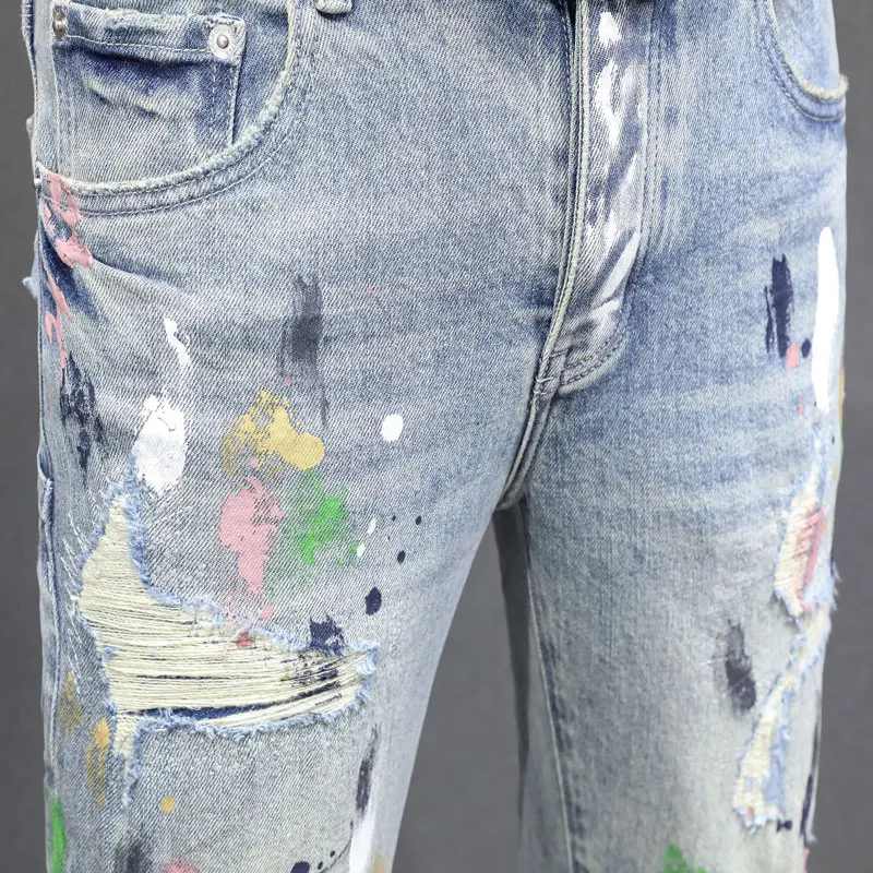 Designer Fashion New Men's Jeans White Patched Wrinkles Scratches Nostalgic Stretch Slimming Painted Washed Blue Jeans Hip Hop P