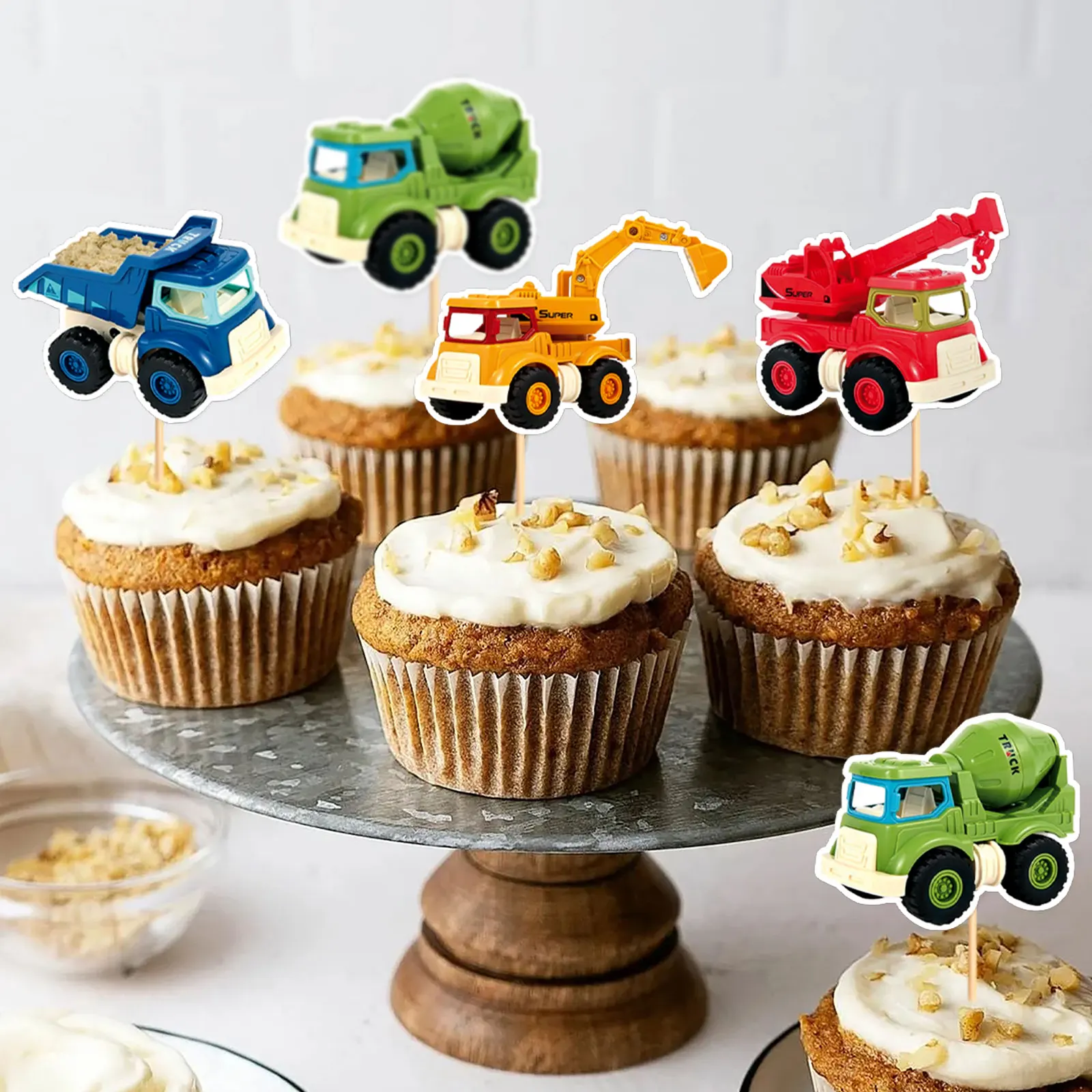 Construction Party Cupcake Toppers Engineering Vehicle Theme Truck Excavator Cake Decor Kids Birthday Party Decoration Supplies