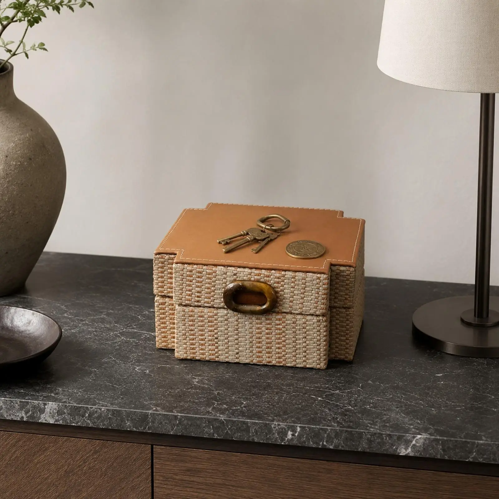 Rectangle Decorative Tray Storage Box Wood Leather Handmade Organizer with Stitched Borders and Gemstone Pull for Display