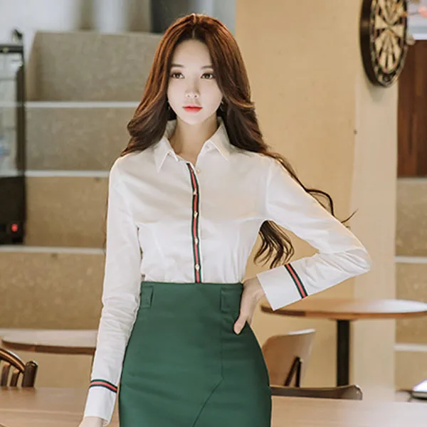 

Slim Fit Long Sve Collar Single Button White irt Women's Faionable Commute Sle Autumn Clothing Korean Version