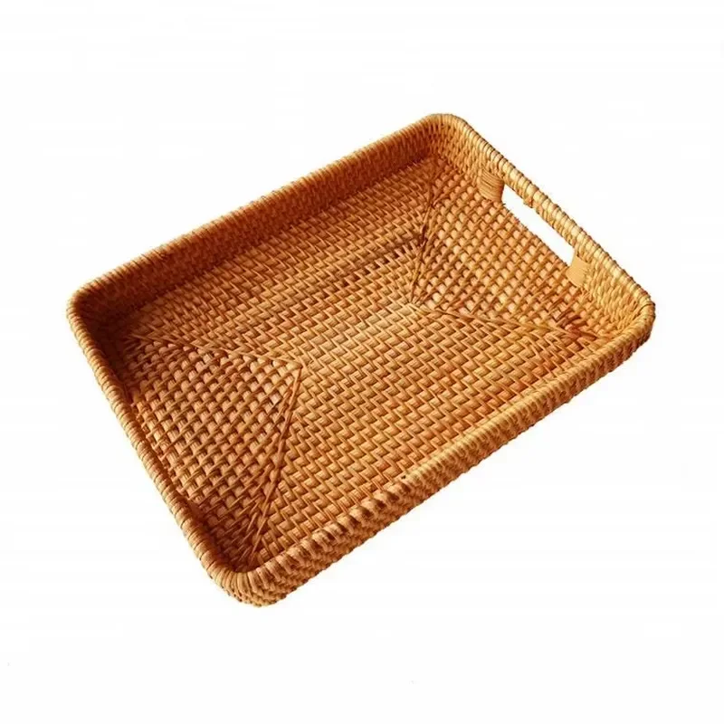 Natural Rattan Wicker Decorative Basket Round Woven Bamboo Plate with Handle for Beach Vegetables Storage Cute Home Decor
