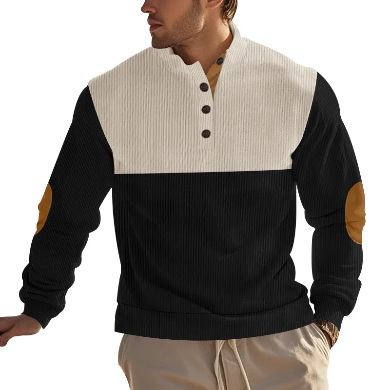 Cross-border Menswear New American Button Half-open Stand-up Collar Color Matching Heavy Spring and Autumn Men's Sweater