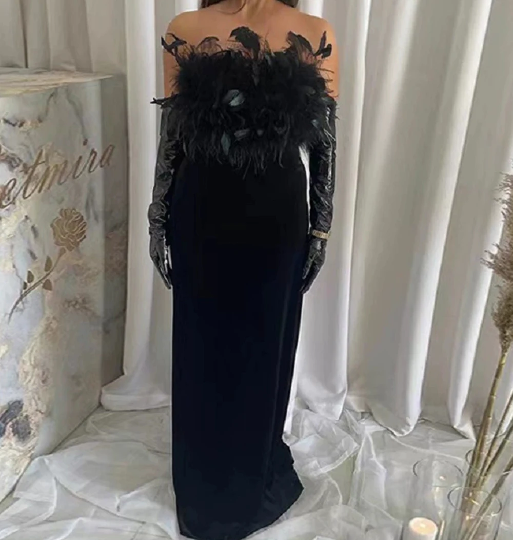 New foreign trade women's clothing feather black tube top tight stretch dress long dress skirt-GZXX1247