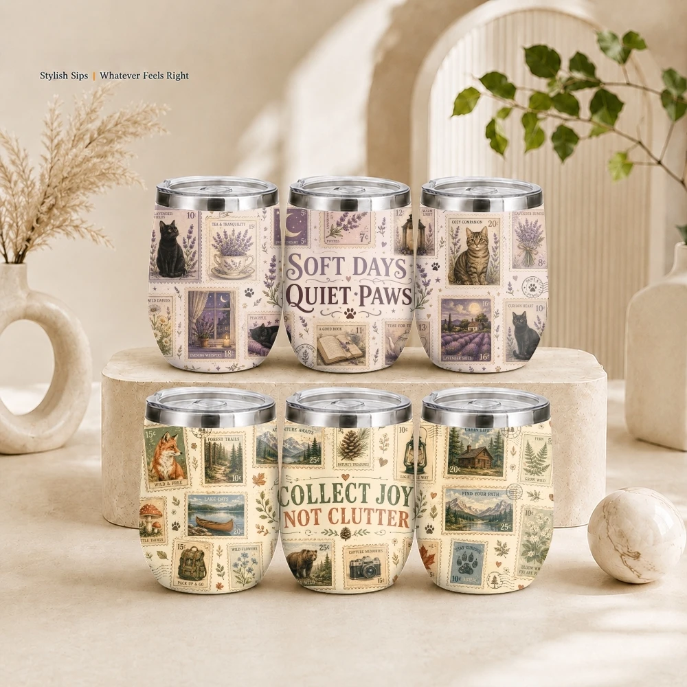 Retro Postage Stamp Vacuum Flasks 12oz Insulated Stainless Steel Mug with Lid Travel Tumbler Double Wall Drink Coffee Cup