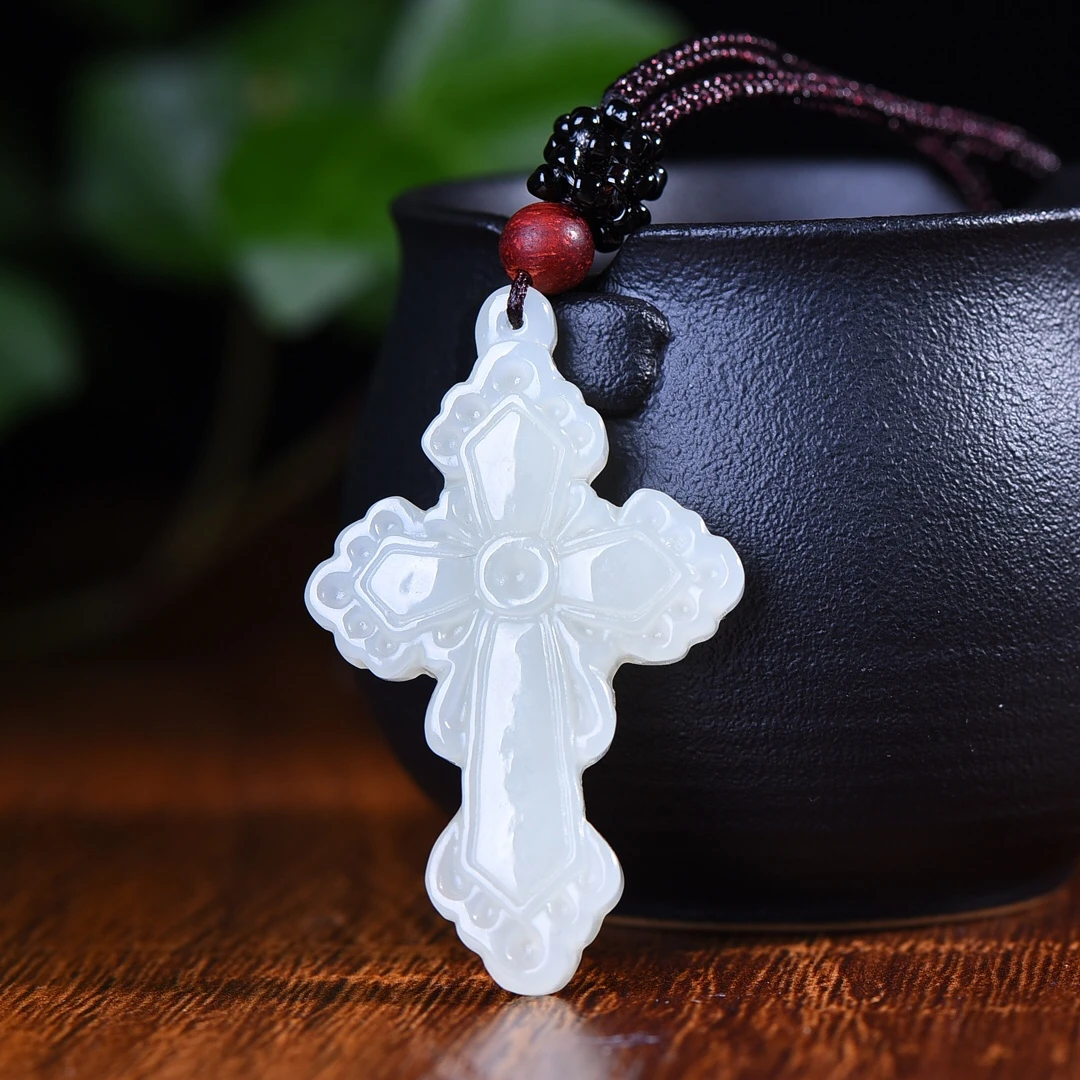 Genuine China Nephrite Stone White Jade Christ Cross Pendant Necklace Women Finejewelry Certified Hetian Jade Lucky Charm Amulet