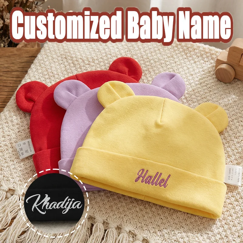 

Custom Baby First Name Cotton Beanie Newborn Hat with Ear Infant Cap for 0-6M Personalized Birth Gift