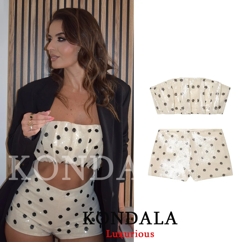 KONDALA Holiday Sexy Women Shorts Suit Sequined Strapless Tube Short Top Straight Shorts Fashion 2026 Spring Summer Party Suit
