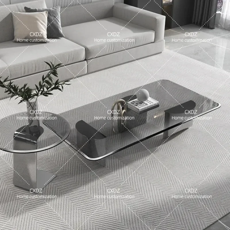 Modern Rectangular Coffee Table for Small Apartment Living Room Round Tempered Glass Stainless Steel Creative Size