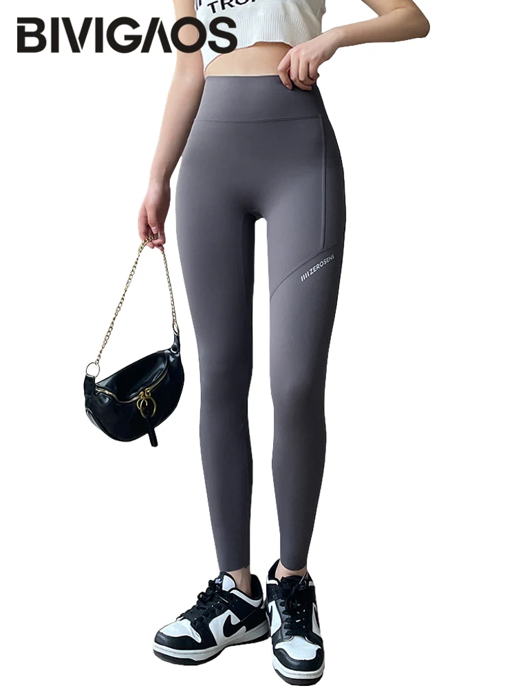 BIVIGAOS-Leggings de tiburón con bolsillo lateral para mujer, mallas deportivas finas sin costuras, de cintura alta, para correr y Yoga, primavera y