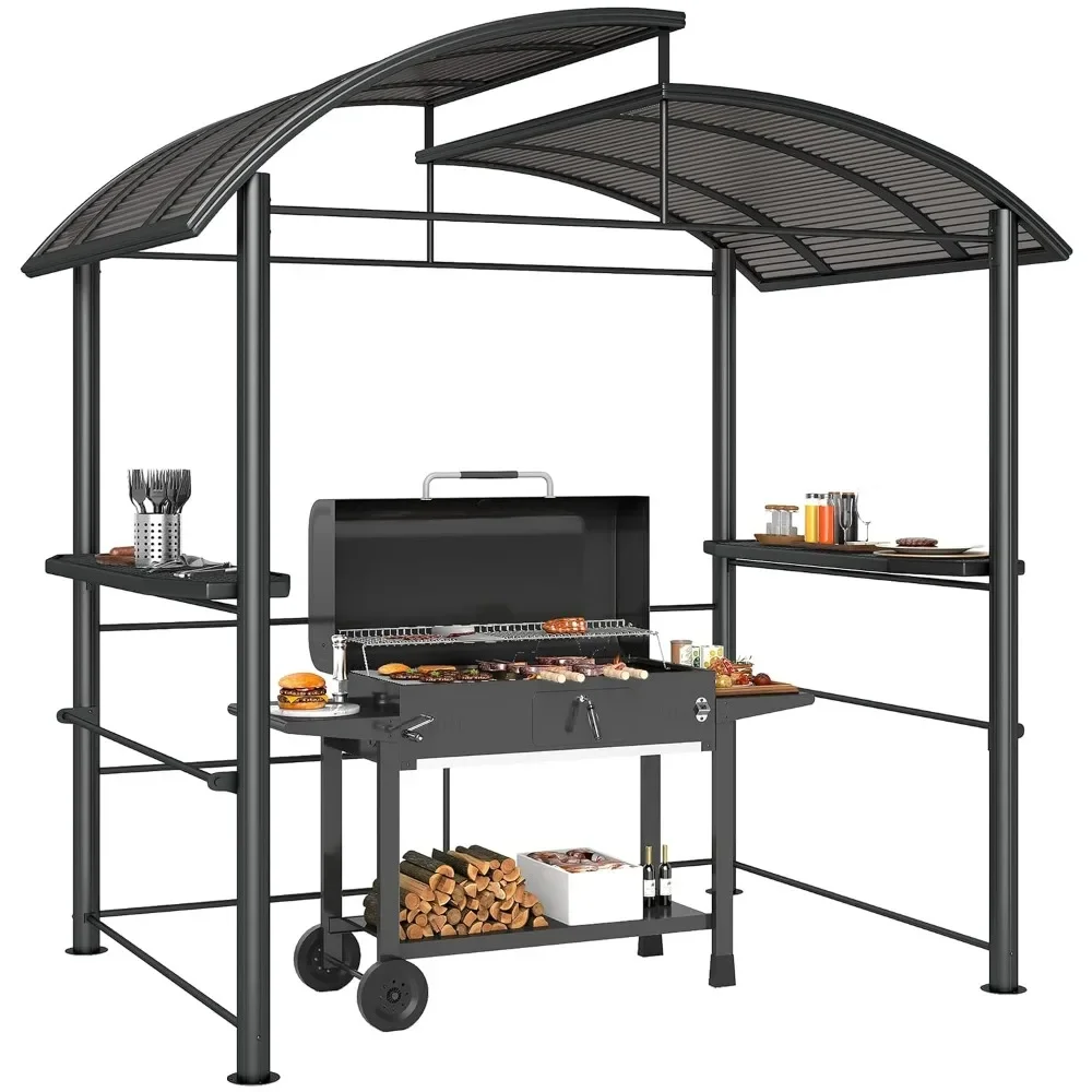 8x5 FT Grill Gazebo, Vented Polycarbonate Roof, Dark Gray, Outdoor BBQ Shelter, Custom