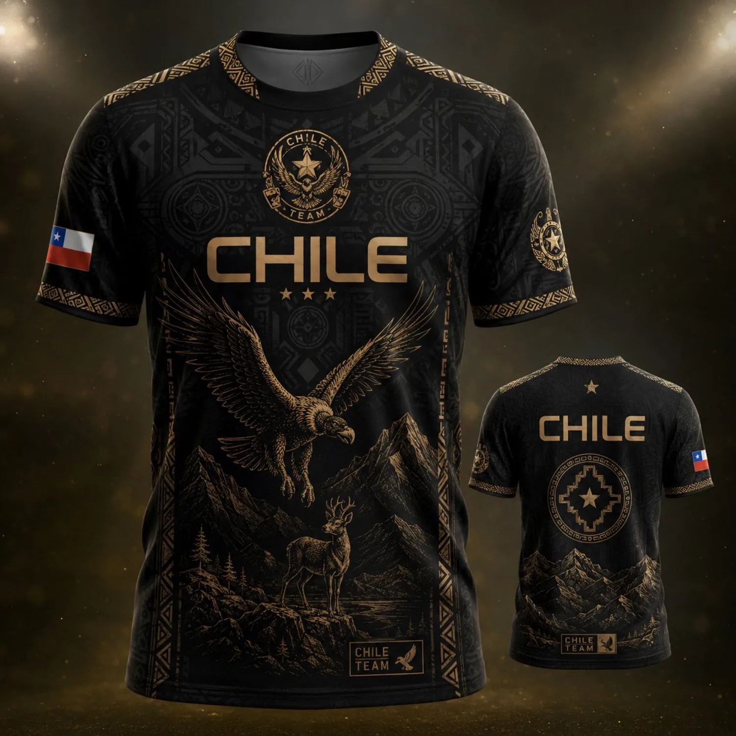 Mens Crew Neck Tee Shirt Chile Green Gold Eagle Deer Mountain Graphic Short Sleeve Casual Street Outdoor Team Style Top Wear Tee