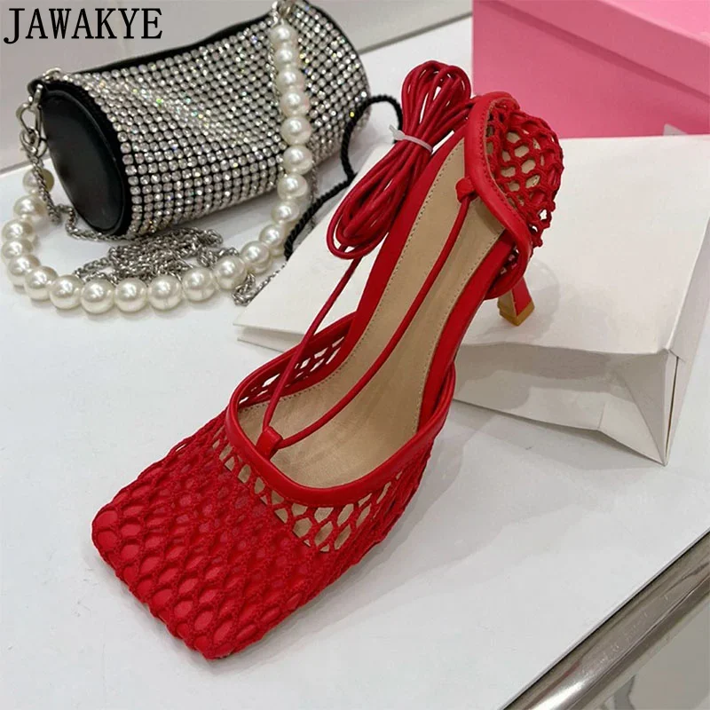 Crystal Hollow Out Gladiator Net Sandals Women Square Toe Designer Air Mesh Stilettos Summer Sexy Party Dress Shoes Mujer