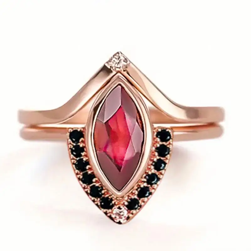 Huitan Luxury Women 2Pcs/Set Ring Inlaid Bright Red Marquise Cubic Zirconia Elegant Wedding Party Accessories Fashion Jewelry