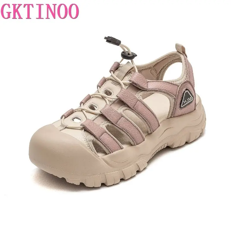 GKTINOO 2024 New Women Sandals Platform leather Ladies Sandals Comfortable Flat Sandals Open Toe Beach Shoes Woman Footwear