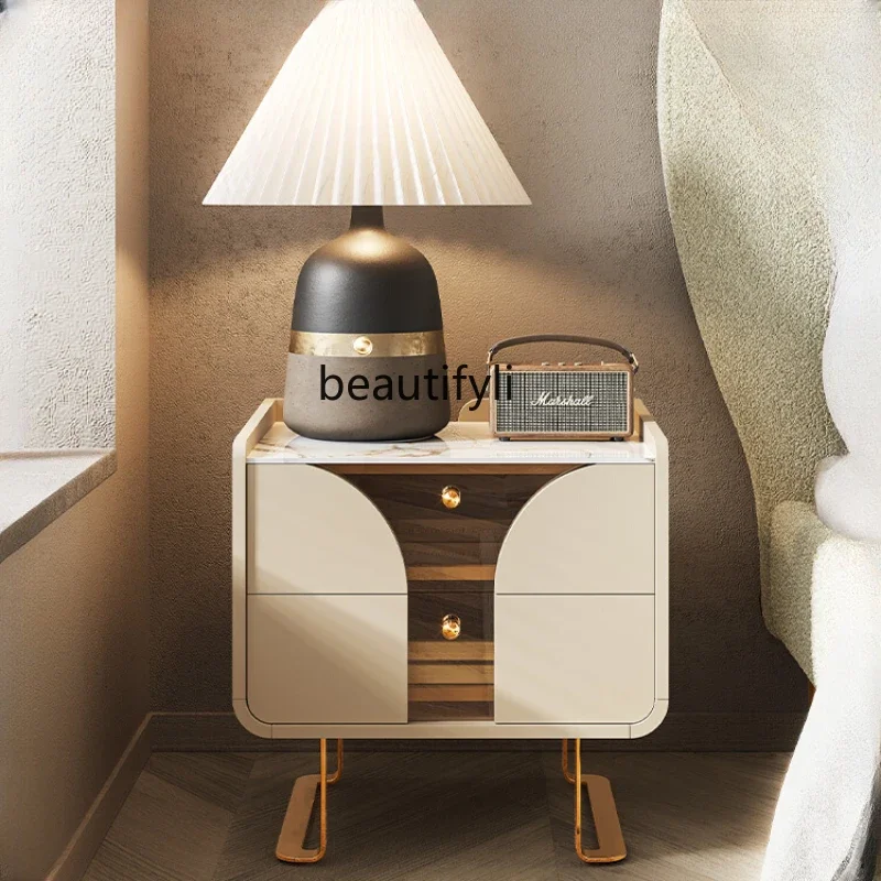 Light Luxury Bedside Table Simple Modern French Cream Silent Style Stone Plate Bedside Cabinet