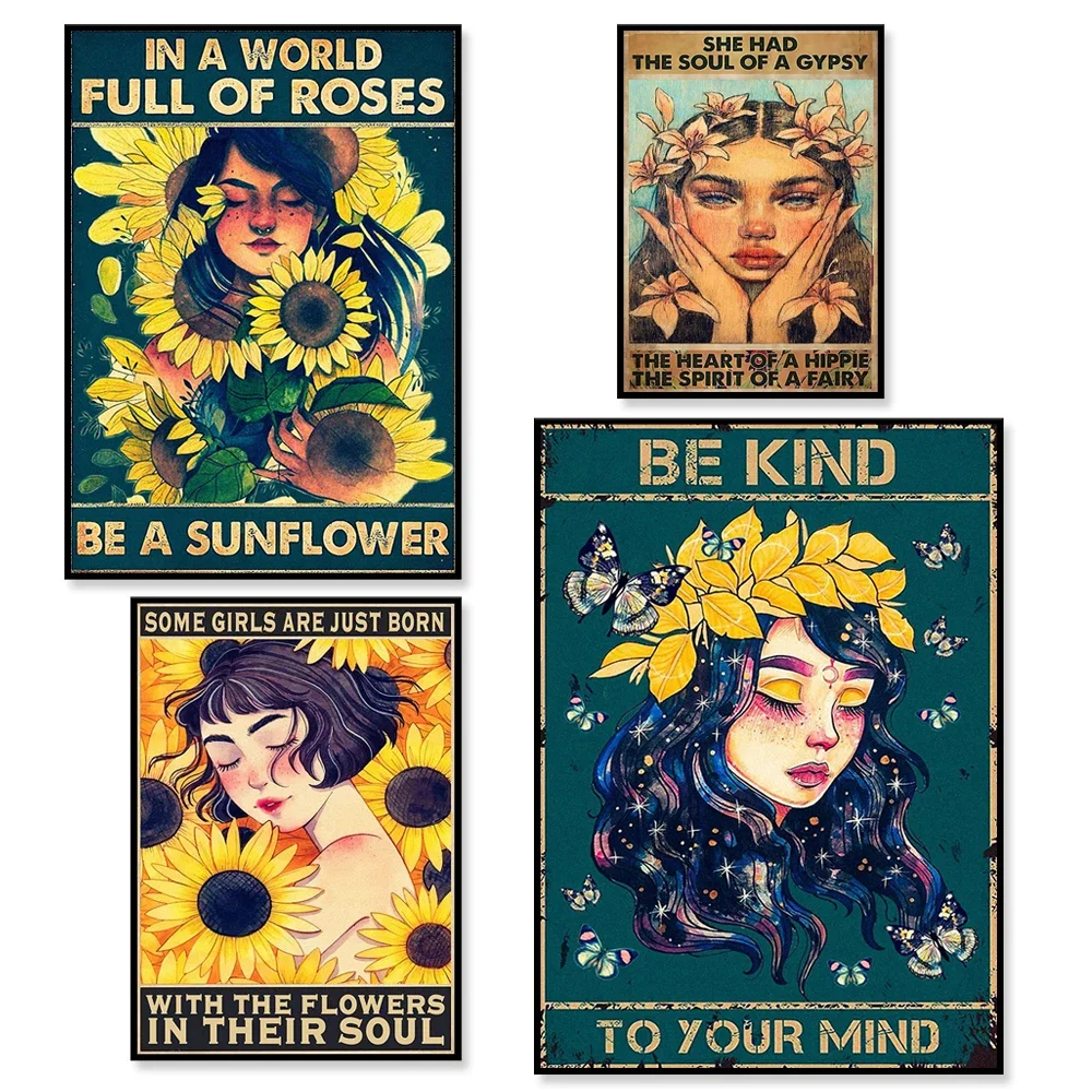 Some girl is just born and she has a gypsy soul, stay with the wild flower girl, be kind to your mind, meditation poster,