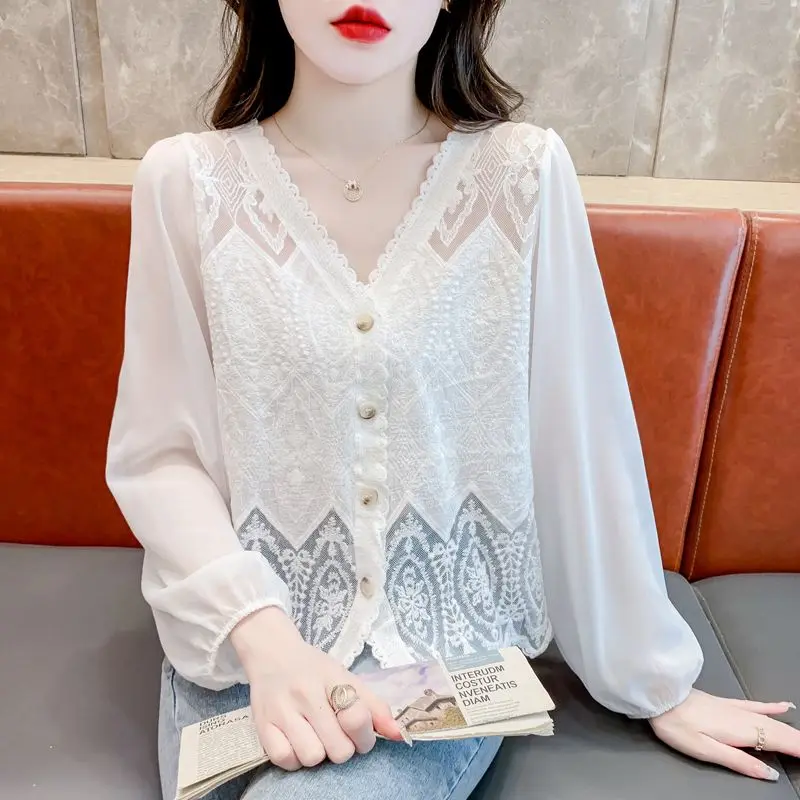 

Simplicity Versatile Commuting Women's Top 2023 Autumn and Winter New Button Hollow Out V-neck Long Sleeved Solid Color Shirt