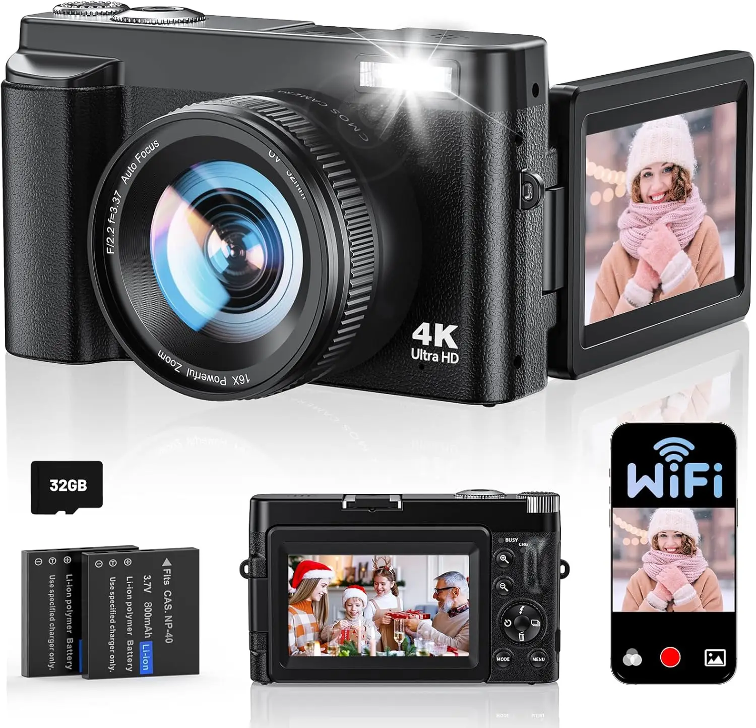 

4K WiFi Autofocus 64MP Vlogging Camera with Flip Screen, Anti-Shake, 16X Zoom, 32GB Card for Travel Photography