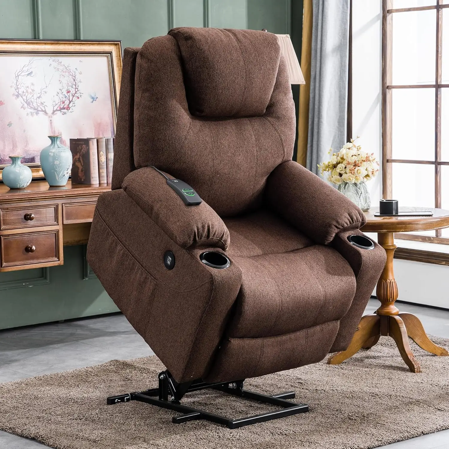 Medium Power Lift Recliner Chair Sofa with Massage and Heat for Elderly, 3 Positions and USB Ports, 2 Side Pockets, Fabric