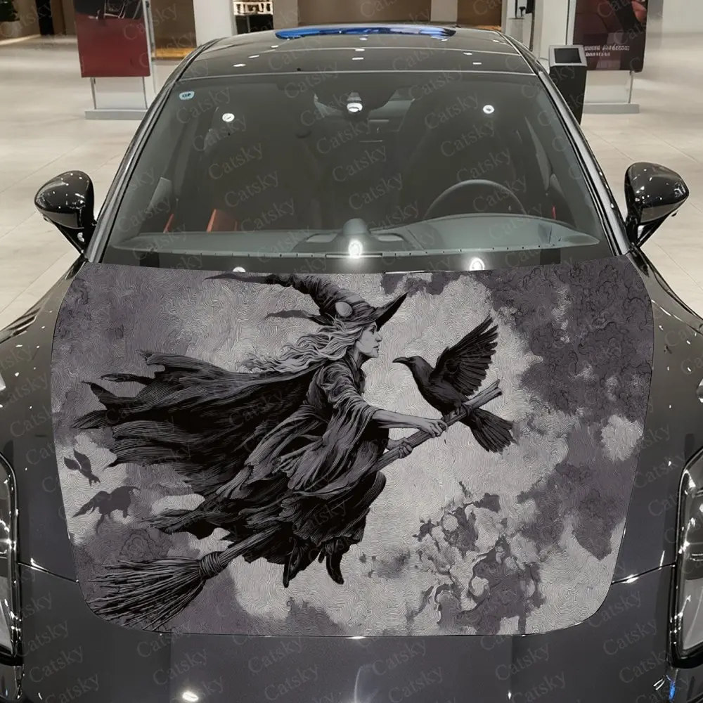 Car Decal Textural Witch on Broomstick, Raven Companion & Mysterious Witchcraft-Gothic Car Hood Sticker, Waterproof Self - Adhes