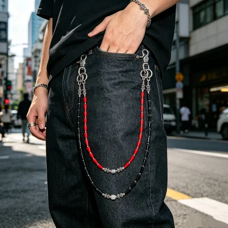 Men style Black and red double-chain American-style pants chain texture outfit waist accessory, niche hip-hop street