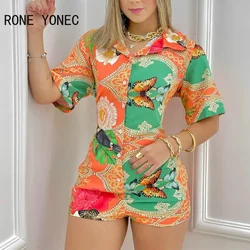 Women Casual shirt Collar Butterfly Pattern Graphic Short Sleeves button Sweet Rompers