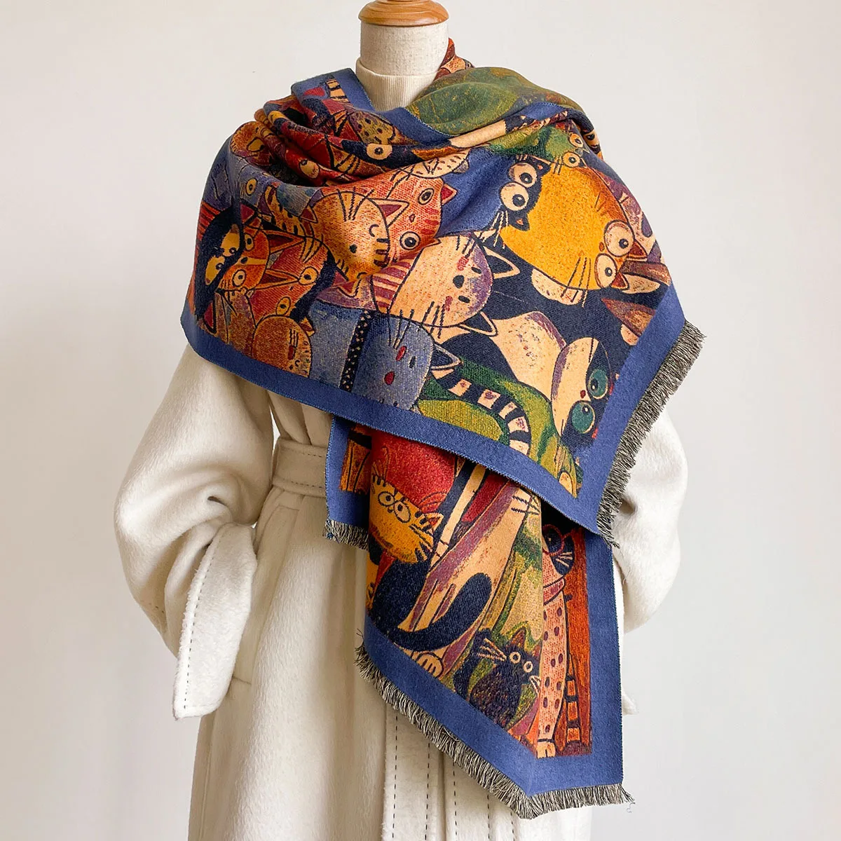 Women Imitation Cashmere Scarf Thick Warm Shawl Reversible Winter Cartoon Cat Print Scarf Fringed Pashmina Large Blanket Wrap