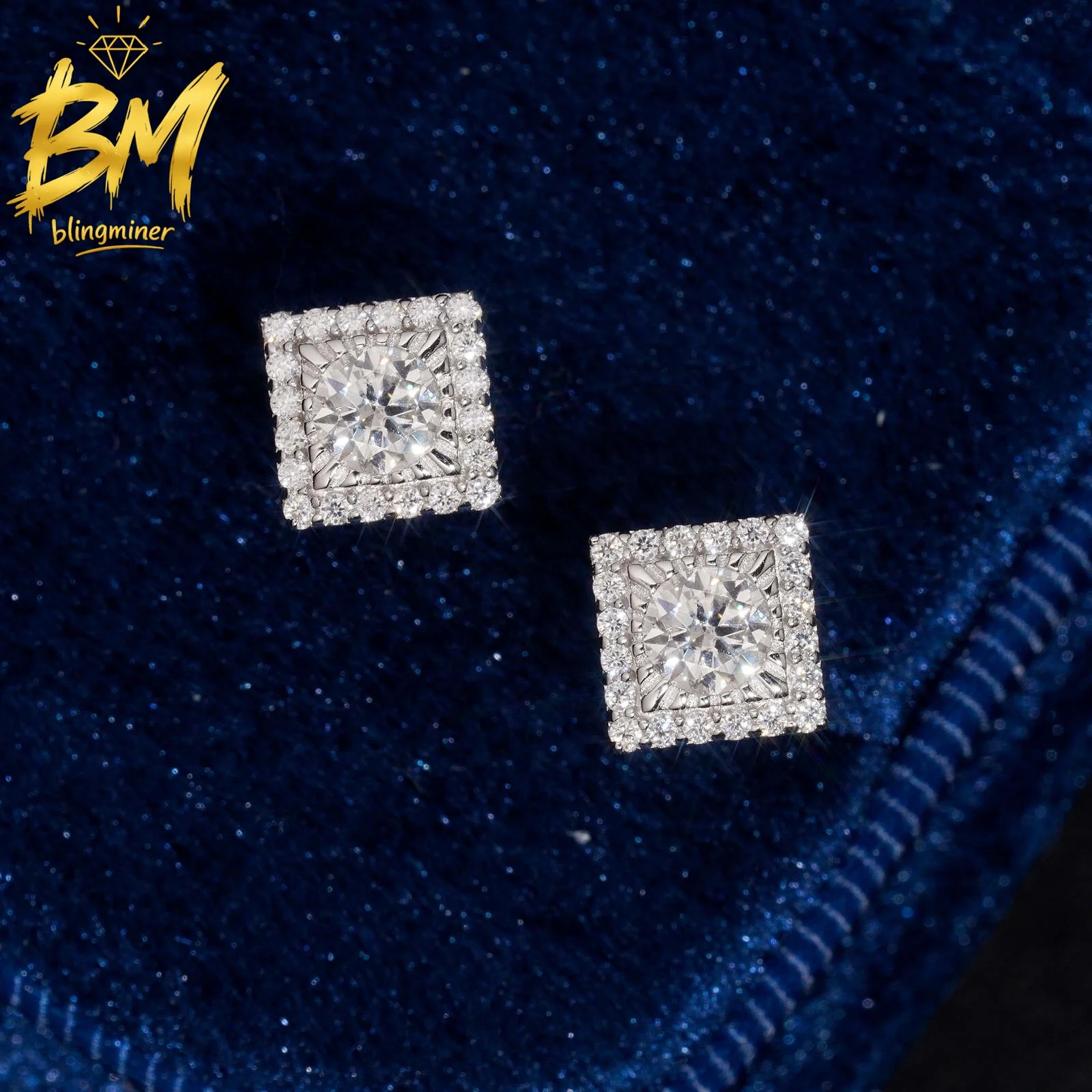 Blingminer Iced Out Squate Round VVS Moissanite Earrings For Men Women S925 Silver Ear Studs Jewelry Pass Diamonds Tester GRA
