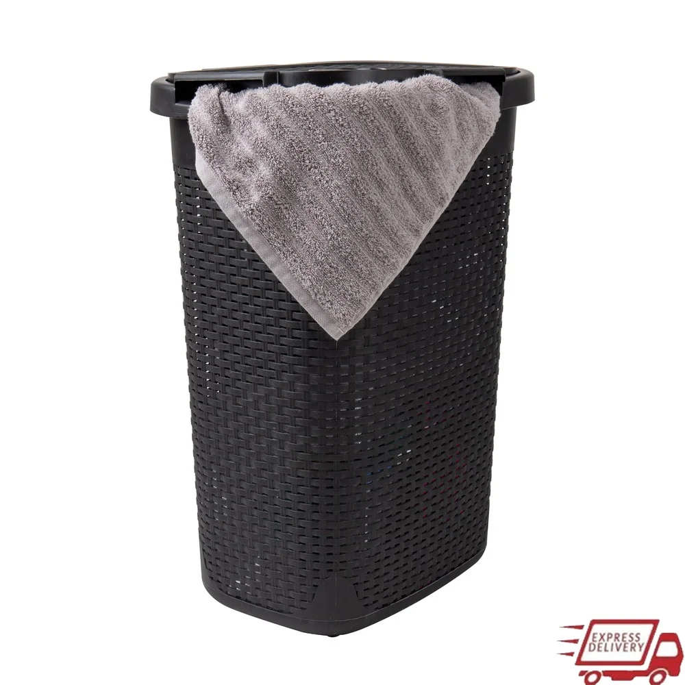 

60L Slim Laundry Hamper Heavy-Duty Plastic Basket with Lid Tapered Design Carrying Handles Clothes Toys Linens Storage