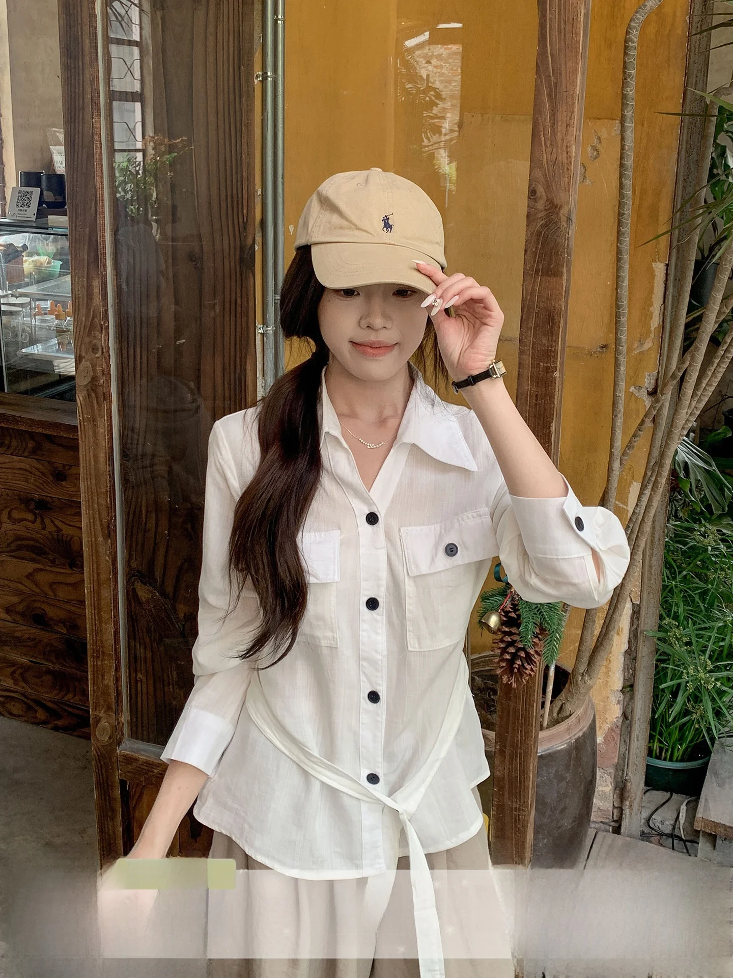 

Slimming Long Sleeve Neck Shirt Women's Commute Style Belted Waist Cinching Korean Version Rylee Fiber 70% Lin 30% Sprin...