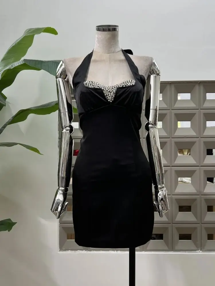 

Новое летнее облегающее платье с завязками и бриллиантами, сексуальное вечернее черное платье, вечерние вечерние женские платья, модные элегантные платья без рукавов с открытой спиной