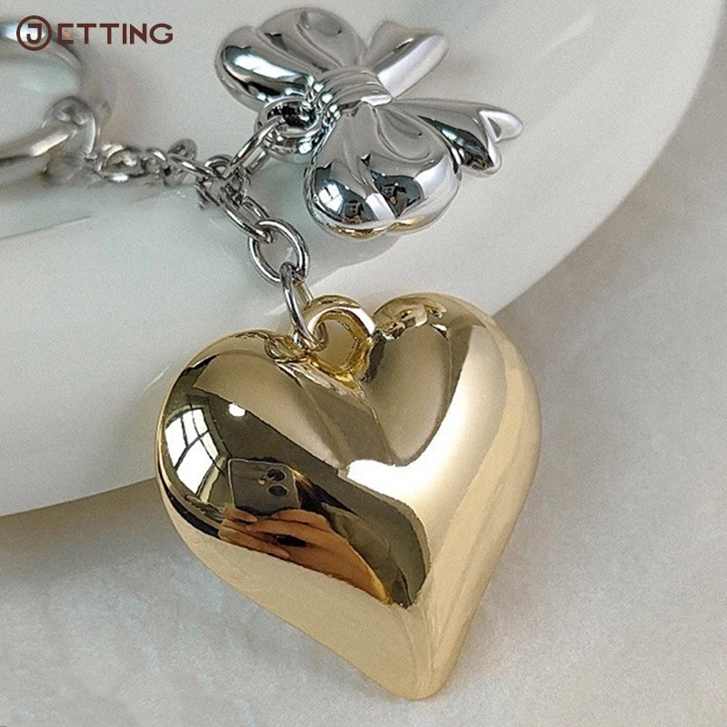 1PC Bag Pendant Vintage Love Heart Bowknot Keychain Bow Keyring Car Key Chain Girls Bag Pendant Earphone Case Hanging Decoration